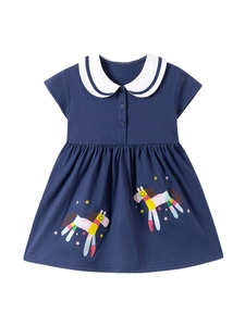 Girls' short sleeve navy dress with Peter Pan collar and rainbow pony embroidery