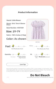 Detailed size chart and quality care tips for short-sleeve floral cotton girls dress