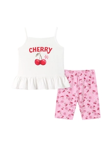Girls summer cherry print tank top and floral leggings set on a white background
