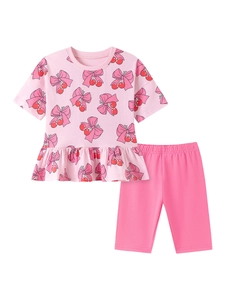 Pink girls two-piece summer set with cherry bow print and ruffle hem t-shirt