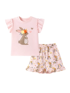 Pink toddler girl summer set with ruffled sleeve rabbit tee and floral printed shorts