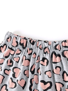 Short tricoté gris pour filles avec motif léopard cœur rose et taille élastique douce