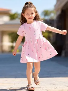 Mädchen Rosa Baumwolle Kurzarm Kleid Cartoon Eiscreme Druck Casual Prinzessin Sommer Outfit Kleinkind Süße Kleidung Für Kinder