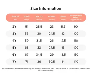 Detailed size chart for kids floral dress ranging from age 2Y to 7Y with measurements