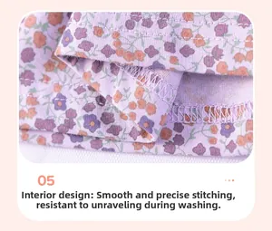 Détail rapproché des coutures intérieures soignées et de l'imprimé floral violet de la robe