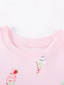 Rosafarbenes Kurzarm-Baumwollkleid für Mädchen mit buntem Eistüten-Print und Rundhalsausschnitt