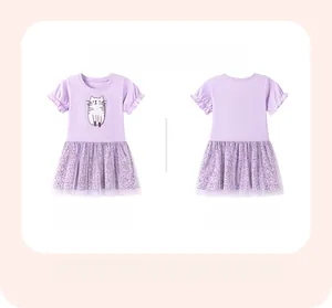 Vue avant et arrière de la robe violette pour filles avec chat et jupe en tulle fleuri