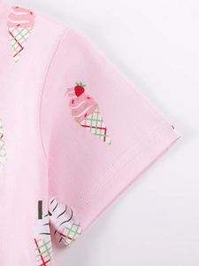 Rosa kurzärmeliges Mädchenkleid mit Erdbeereis-Print und hochwertigen Nähten