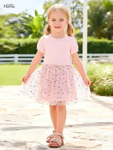 Abito Tutu in Rete Rosa Estivo per Bambine Patchwork in Cotone a Maniche Corte Principessa Farfalla Paillettes per Bambini