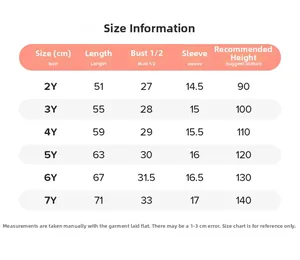 Guide des tailles pour robes de fille indiquant longueur et poitrine pour les 2-7 ans
