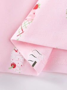 Rosa kurzärmeliges Sommerkleid für Mädchen mit süßem Frucht- und Eiscreme-Muster