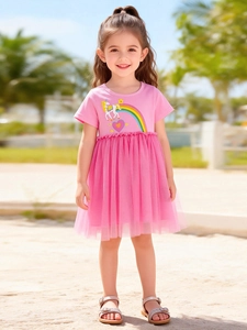 Robe Rose à Manches Courtes pour Petites Filles Imprimé Licorne Arcobaleno Patchwork en Maille Tutu Robe de Princesse Été Décontracté Quotidien