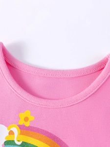 T-shirt rose en coton pour filles avec imprimé arc-en-ciel et étoiles pailletées