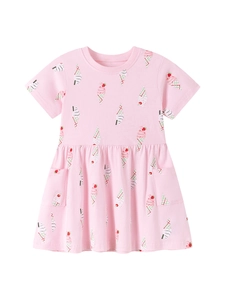 Rosa kurzärmeliges Baumwoll-Kinderkleid mit farbenfrohen Eiscreme-Motiven für Mädchen