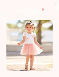Detail of girls' summer dress showing pink 3D floral embroidery and mesh ruffle sleeves