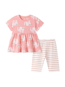 Girls summer cotton set featuring pink cat print ruffle top and striped shorts