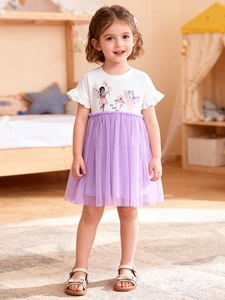 Girl's summer princess dress with fairy print and purple multi-layer tulle skirt