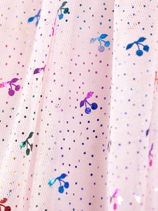 Abito in tulle rosa da bambina con ciliegie metalliche e pois sfumati colorati