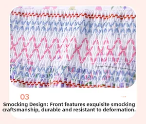 Close-up of intricate hand-smocking and embroidery details on floral cotton girls' dress
