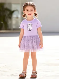 Robe d'Été à Manches Courtes Violette pour Filles Avec Broderie de Chat et Tutu en Maille Florale Robe Princesse en Coton