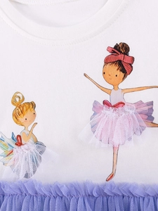 White cotton girl's princess dress featuring 3D ballet dancer mesh appliqué detail