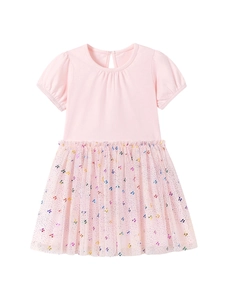 Abito rosa per bambine con maniche a sbuffo e pois glitterati su gonna in tulle