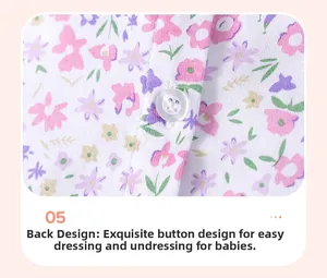 Detail view of the floral cotton dress back with a delicate button for easy dressing