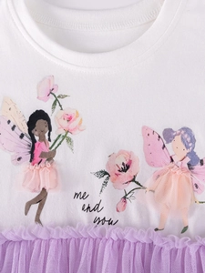 Girl's white cotton dress with fairy print and pink mesh skirt detail in high quality