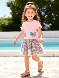 Robe d'Été en Coton pour Petites Filles avec Épissage en Maille Applique de Chat Brodée Florale Manches Courtes Princesse Décontracté