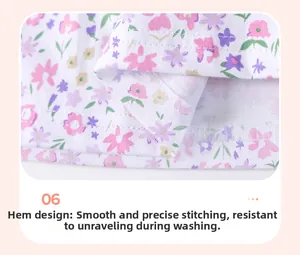 Close-up of durable double-needle stitching on the floral cotton hem of a girl dress