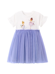 Girls summer ballerina tutu dress with white ruffle sleeve top and purple mesh skirt