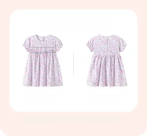 Front and back detail of girls' floral summer dress with smocking and ruffle sleeves