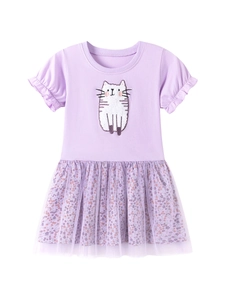 Robe violette pour fille avec broderie chat et jupe superposée en tulle fleuri