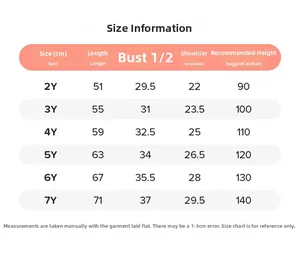 Tableau des tailles pour robe d'été fille avec longueur et poitrine pour les 2-7 ans