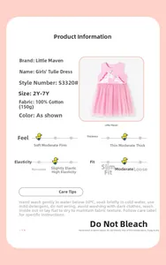 Tableau des tailles et détails du tissu pour robe tutu licorne rose en pur coton