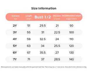Guide des tailles détaillé pour robe licorne sans manches pour filles de 2 à 7 ans