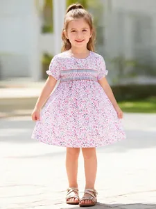 Girls Cotton Short Sleeve Smocked Dress Floral Print Summer Western Style Round Neck Casual A-Line Dress For Toddler Girls