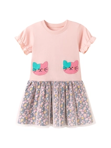 Robe rose à manches courtes pour filles avec applique chat et jupe en tulle floral