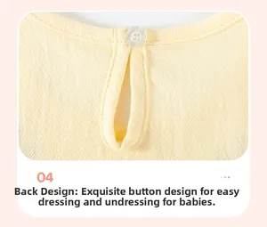 Detail of baby girl yellow dress back neckline with pearl button and teardrop opening
