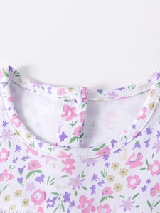 Short sleeve floral cotton dress for girls with colorful flower print and round neck