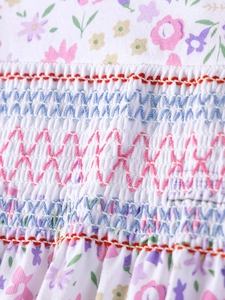 Short sleeve floral cotton girl dress with smocking embroidery and colorful stitches