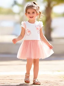 Girls Summer Cotton Mesh Princess Dress Cute 3D Floral Applique Sequin Tutu Patchwork Short Sleeve Short Skirt For Kids