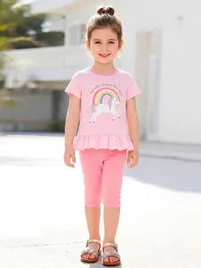Ensemble de Vêtements d'Été pour Filles en Coton Rose avec Imprimé Licorne Arc-en-ciel T-Shirt à Manches Courtes et Pantalon avec Ourlet à Volants