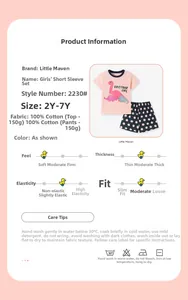 Detailed chart for cotton toddler girl summer set featuring size guide and fabric details
