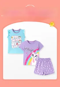 Three-piece girls' summer cotton set with unicorn and rainbow cat graphics for ages 2-7