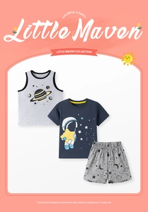 Three-piece boys' summer clothing set with space-themed planet and astronaut prints