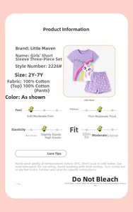 Detailed size chart and washing instructions for Little Maven girls unicorn cotton set