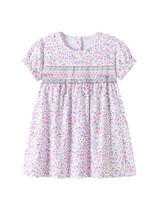 Short sleeve girls' floral dress with smocked chest detail for summer casual wear