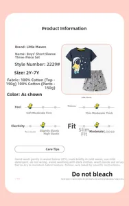 Detail view of cotton astronaut print t-shirt and shorts set with sizing information