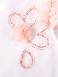 White cotton girl's dress featuring pink 3D mesh flowers with silver glitter embroidery